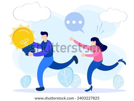 Flat vector illustration Plagiarism concept with scenes of people in flat cartoon style. People character tries to steal his colleague's ideas.