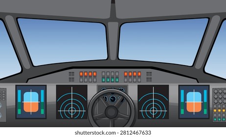 Flat vector illustration of a plane cockpit with digital displays, steering wheel, and sky.
