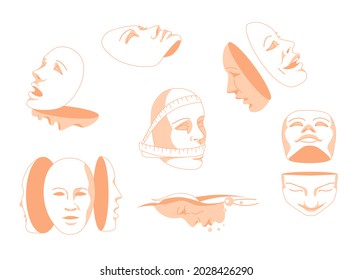 Flat Vector illustration of planes. Human masks with emotions symbolize of human mood. Psychology, psychotherapy, symbolism, theater 