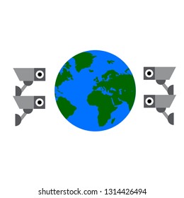 Flat vector illustration of planet Earth surrounded by surveillance cameras