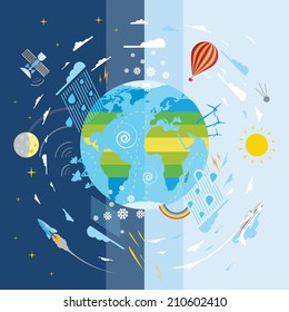 Flat vector illustration of planet Earth and weather conditions