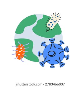 Flat vector illustration of planet Earth surrounded by bacteria and virus cells, representing global pandemic, infection and healthcare concepts