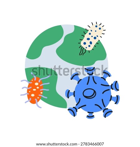 Flat vector illustration of planet Earth surrounded by bacteria and virus cells, representing global pandemic, infection and healthcare concepts