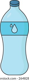 Flache Vektorgrafik einer mit hellblauer Flüssigkeit gefüllten Plastikwasserflasche. Die Flasche hat ein einfaches Design mit einem blauen Etikett mit Wassertropfen-Symbolen. Minimalistisch und Cartoon-Stil,