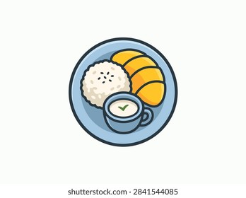 A flat vector illustration of a plate featuring sticky rice, sliced fresh mango, and a small cup of coconut cream sauce.