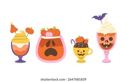Flat vector illustration of playful Halloween cocktails with whipped cream, festive straws and pumpkin decorations