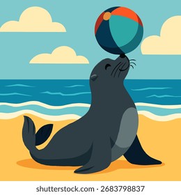 A flat vector illustration of a playful seal balancing a ball on its nose by the seaside