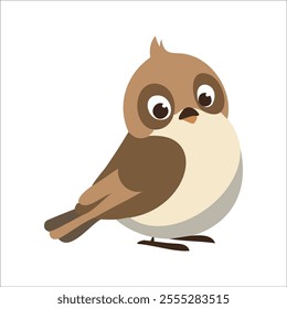 Flat Vector Illustration of Playful Sparrow with Large Eyes and Simplified Wings