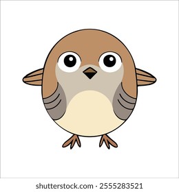 Flat Vector Illustration of Playful Sparrow with Large Eyes and Simplified Wings