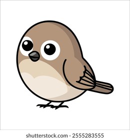 Flat Vector Illustration of Playful Sparrow with Large Eyes and Simplified Wings