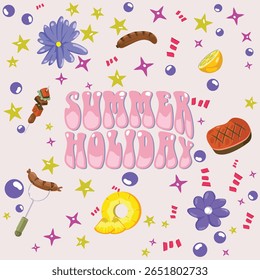 Ilustração vetorial plana com design divertido com tema de verão apresentando a frase "Férias de Verão" cercado por elementos de comida para churrasco, como salsichas, espetos, bife, limão e flores tropicais