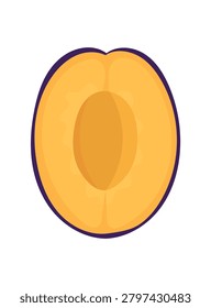 Flat vector illustration of a plum halves with golden flesh, isolated on a white background. This fresh stone fruit is perfect for designs related to food, nutrition, agriculture, and healthy living.