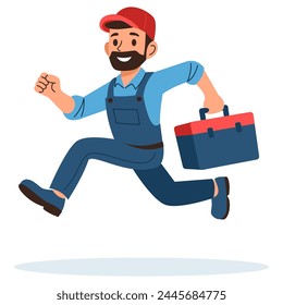 Flat vector illustration. Plumber running and rushing to order, quick help for breakdowns 