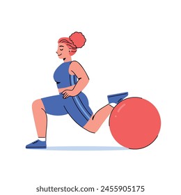 Ilustración vectorial plana de mujer talla grande haciendo ejercicio con la bola de la aptitud. Personaje femenino pelirrojo de la historieta en el traje del deporte aislado en fondo blanco. Estilo de vida activo, concepto positivo del cuerpo.