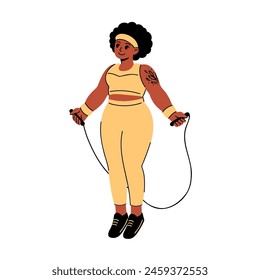 Flat vector illustration of a plus size woman doing physical exercises with jumping rope. African-American female in yellow sport outfit working out. Body positive and active lifestyle concept.