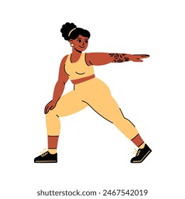 Flat vector illustration of plus size woman doing pilates exercise. African-American female character in yellow sport outfit working out. Body positive, fitness and active lifestyle concept.