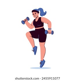 Ilustración vectorial plana de una mujer talla grande haciendo ejercicios deportivos con mancuernas. Personaje femenino de dibujos animados haciendo ejercicio. Fitness, estilo de vida activo, concepto positivo del cuerpo. 