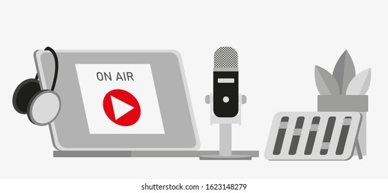 Flat vector illustration for podcasting, broadcasting, straeming or online radio. Equipment for entertaiment, recording the podcasts and streaming games and etc. One color palette.