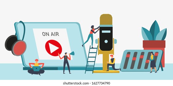 Flat vector illustration for podcasting, broadcasting, straeming or online radio. Equipment for entertaiment, recording the podcasts and streaming games and etc. People work together for creating