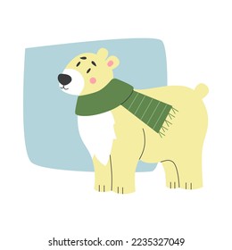Flat vector illustration of polar white bear with green scarf