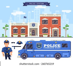 Flat vector illustration of a policeman standing in front of the police station. 