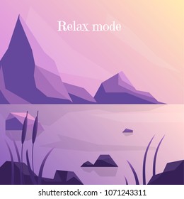 Flat vector illustration.Low poly.Rest at the lake. Relax background. Vector illustration for design. Mountain screensaver. Delicate lake background for web design, computer, phone, mobile application