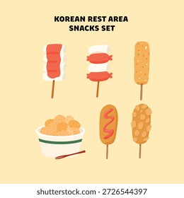 Una Ilustración vectorial plana de aperitivos populares del área de descanso de la carretera coreana, que incluyen Sotteok-sotteok, papas asadas y un perro de maíz de estilo coreano. Diseñado en un estilo vibrante y apetitoso para su uso en menús de comida, guías de viaje y contenido cultural.