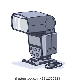 A flat vector illustration of a portable camera speedlight flash with an LCD screen buttons and a separate sync cable on a white background