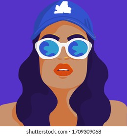Flat vector illustration portrait fashion girl in baseball cap and sunglasses