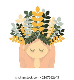 Ilustración vectorial plana de un retrato de una chica pensativa con plantas en forma de corona en su cabello
