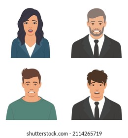 Flat vector illustration, portraits of shocked scared people faces, human emotion