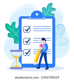 Flat vector illustration of a positive business character pointing in the direction marked with checklist on blackboard paper. Successfully complete business tasks.