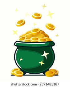 Flat vector illustration of a pot filled with shiny gold coins. Perfect for St. Patrick’s Day greeting cards, posters, invitations, web design, branding, and social media.