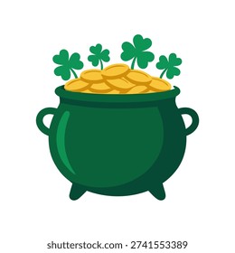 Flat vector illustration of a pot of gold coins surrounded by shamrocks. Represents luck, prosperity, and St. Patrick’s Day celebration in Irish folklore