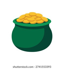 Flat vector illustration of a pot of gold coins surrounded by shamrocks. Represents luck, prosperity, and St. Patrick’s Day celebration in Irish folklore