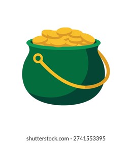 Flat vector illustration of a pot of gold coins surrounded by shamrocks. Represents luck, prosperity, and St. Patrick’s Day celebration in Irish folklore