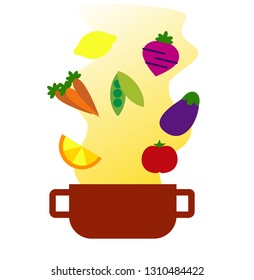 Flat vector illustration of a pot from which steam comes out smelling of different fruits and vegetables
