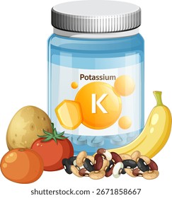 Flache Vektorgrafik der Kalium-Ergänzungsflasche mit Banane, Kartoffel, Tomate und Bohnen.