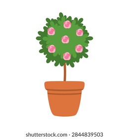 Flat vector illustration of a potted topiary tree with green foliage and pink rose flowers against a white background.