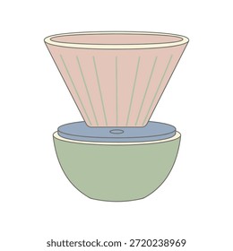 Ilustración vectorial plana de una configuración de café vertido. El goteador cónico superior es de color rosa claro con costillas finas de color rosa Vertical más oscuro. Se apoya en un delgado disco de Asistencia azul circular, estabilizando un servidor en forma de cuenco verde salvia debajo. El cuenco tiene una base ancha y redondeada con un borde de color crema donde se encuentra con la Asistencia. El diseño utiliza una paleta de colores silenciosa y armoniosa y contornos negros limpios. Estilo minimalista con colores planos, ideal para café, elaboración de cerveza, cocina o temas de estilo de vida.