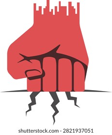 Flat vector illustration of a powerful fist punch hitting the ground with cracks