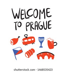 Flat vector illustration of Prague, Czech republic. Symbols isolated on white background. Bridge, meat, flag, beer, tram for travel, textile and concept, touristic promotion