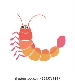 Flat vector illustration of a prawn with smooth, curving orange-pink body, minimal lines for legs and antennae, modern simple design, white background