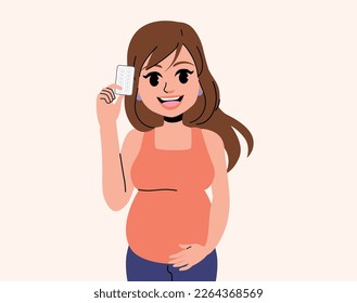 Flat vector illustration of pregnant woman holding blister of pills medicine in her hand. Girl taking vitamins for baby health