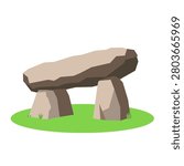 Flat vector illustration of a prehistoric dolmen monument with large stone slabs, isolated on a white background. Perfect for history, archaeology, ancient civilization, and cultural heritage projects.