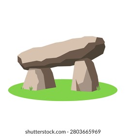 Flat vector illustration of a prehistoric dolmen monument with large stone slabs, isolated on a white background. Perfect for history, archaeology, ancient civilization, and cultural heritage projects.
