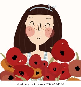 Flat vector illustration of a pretty young woman holding a bouquet of red poppies. Poster of a lady with flowers. Postcard with a girl with flowers for mother's day. Happy Woman's Day greeting card.