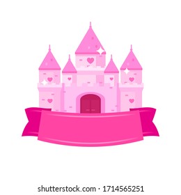 Flat vector illustration of princess castle with pink ribbon. Fairytale royal palace with gate and heart shape windows