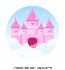 Flat vector illustration of princess castle in clouds. Fairytale dream palace with gate and heart shape windows