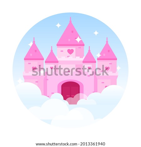 Flat vector illustration of princess castle in clouds. Fairytale dream palace with gate and heart shape windows